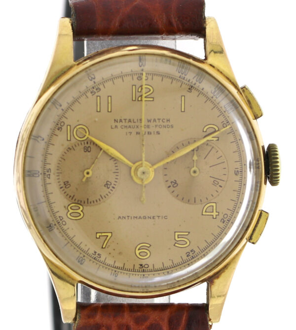 Natalis Chronograph Suisse Landeron 148 Vintage Chronograph 750 Gold Ø37mm~1950 – Bild 2