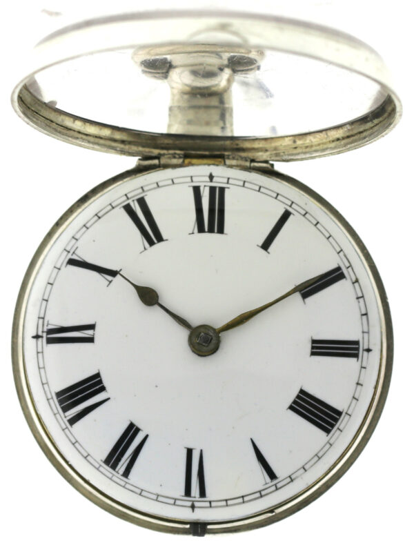 Sam Shitt Doppelgehäuse Spindel Taschenuhr Kette und Schnecke  Silber ~1740-80 – Bild 3