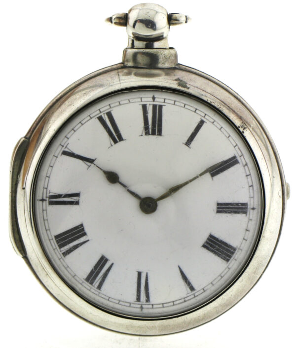 Sam Shitt Doppelgehäuse Spindel Taschenuhr Kette und Schnecke  Silber ~1740-80 – Bild 4