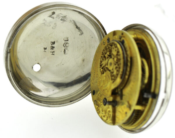Sam Shitt Doppelgehäuse Spindel Taschenuhr Kette und Schnecke  Silber ~1740-80 – Bild 11