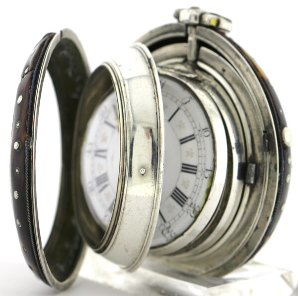 White London Spindel Taschenuhr 3-fach Gehäuse ca. 1770 Silber mit Fratzenkloben