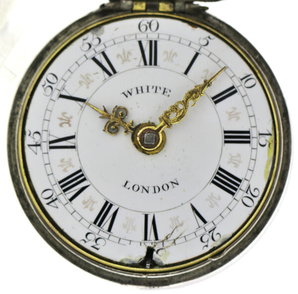 White London Spindel Taschenuhr 3-fach Gehäuse ca. 1770 Silber mit Fratzenkloben – Bild 4