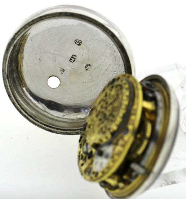 White London Spindel Taschenuhr 3-fach Gehäuse ca. 1770 Silber mit Fratzenkloben – Bild 9