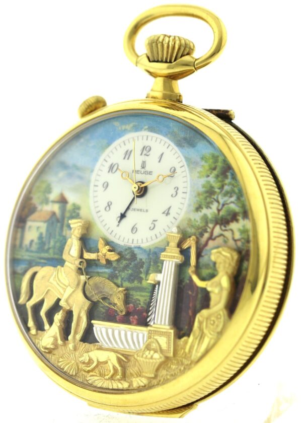 REUGE, Prunk- Taschenuhr, Musikspielwerk , 2 Automaten, Wecker, Box, Papiere – Bild 3