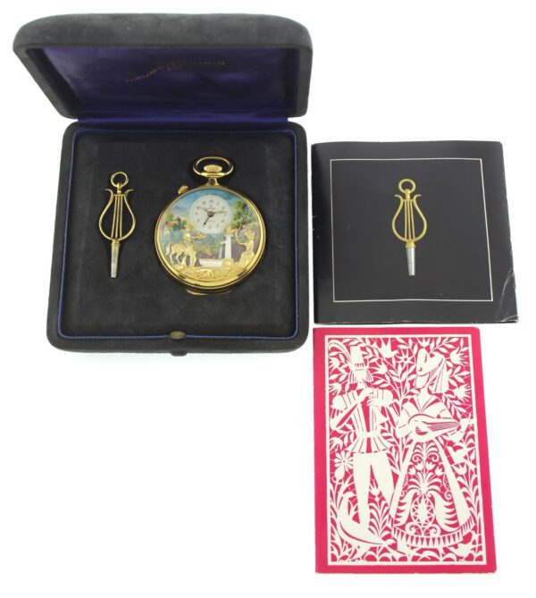 REUGE, Prunk- Taschenuhr, Musikspielwerk , 2 Automaten, Wecker, Box, Papiere – Bild 6