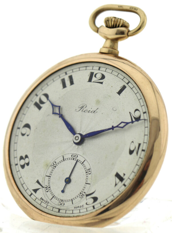 Reid, seltene, englische Herren-Taschenuhr, Open Face, 375/9k Rosé-Gold, um 1925 – Bild 4