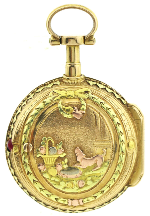 Rarität Lepine Le Roy Spindel Taschenuhr 18k Repousse Gehäuse mit Kette mind.14k