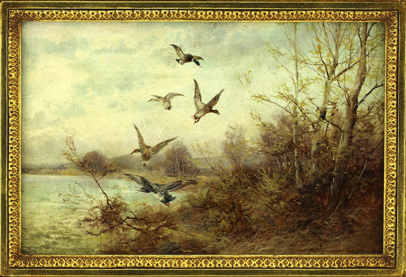 Ölgemälde, Max Hänger, (Hühnerhänger), seltenes Motiv, Enten am See – Bild 2