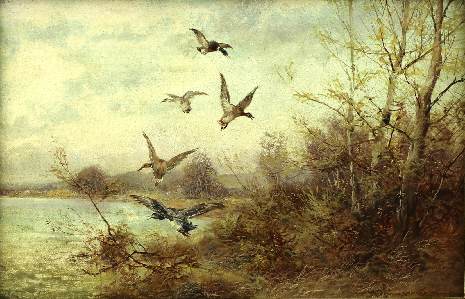 Ölgemälde, Max Hänger, (Hühnerhänger), seltenes Motiv, Enten am See – Bild 3