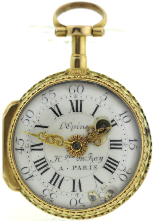Rarität Lepine Le Roy Spindel Taschenuhr 18k Repousse Gehäuse mit Kette mind.14k – Bild 3