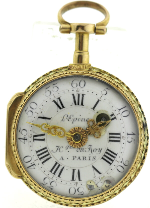 Rarität Lepine Le Roy Spindel Taschenuhr 18k Repousse Gehäuse mit Kette mind.14k – Bild 4