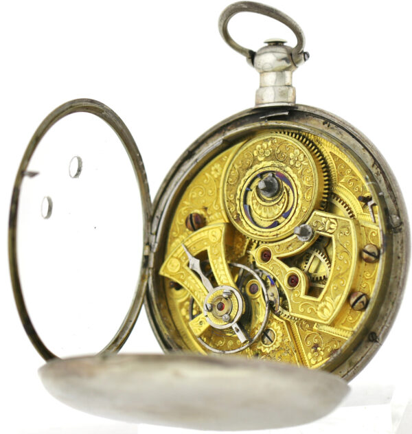 Duplex offene Herren Taschenuhr in Silber Chinesisch springende Sekunde Ø57mm – Bild 10