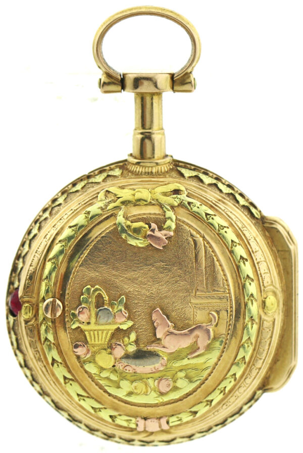 Rarität Lepine Le Roy Spindel Taschenuhr 18k Repousse Gehäuse mit Kette mind.14k – Bild 5