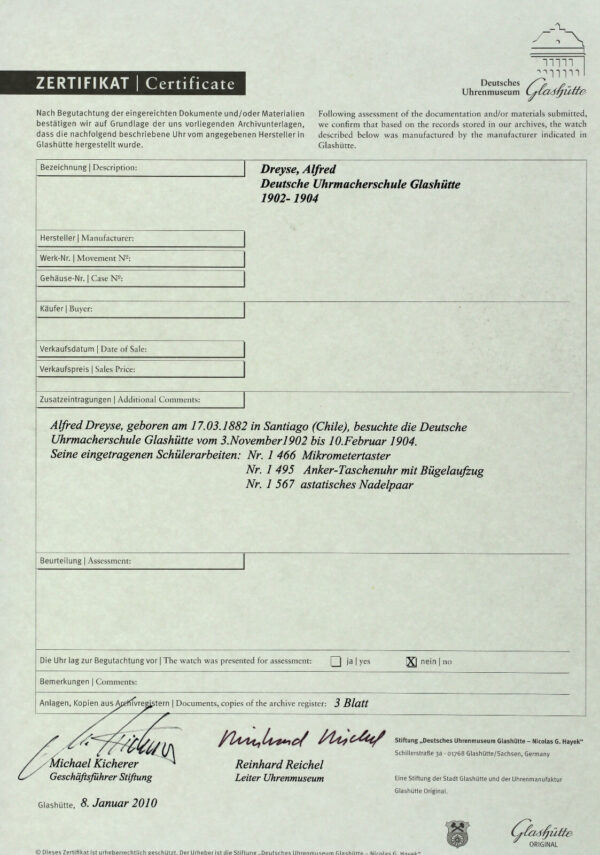 Alfred Dreyse Deutsche Uhrmacherschule Glashütte DUS Schuluhr 1A Werk +Zertifkat – Bild 11