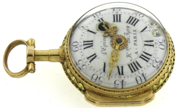 Rarität Lepine Le Roy Spindel Taschenuhr 18k Repousse Gehäuse mit Kette mind.14k – Bild 6