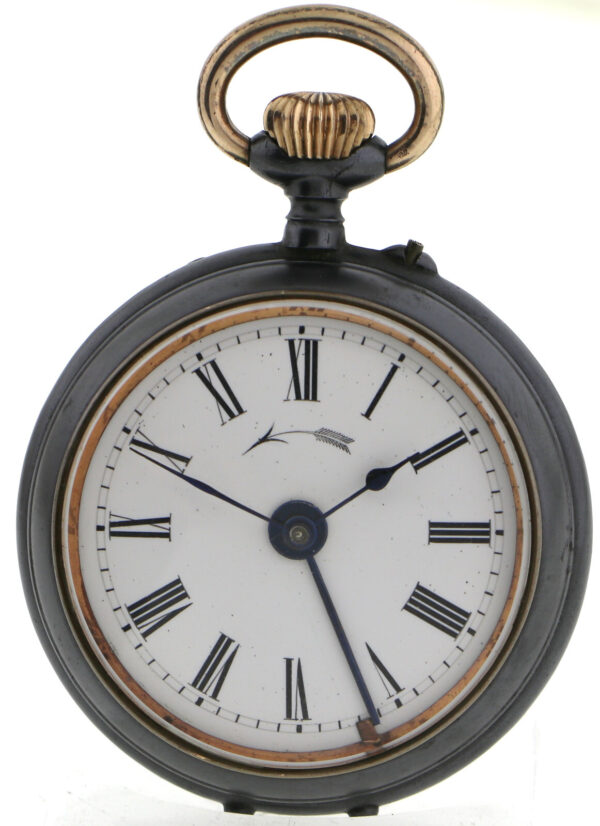 NOS Signal Reveil Avertisseur Alarm-Wecker Herren Taschenuhr brüniertes Eisen