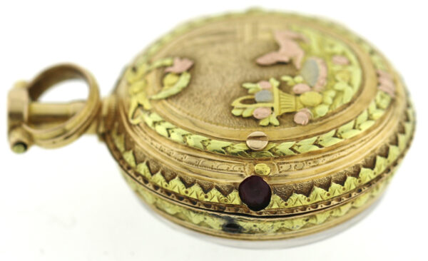 Rarität Lepine Le Roy Spindel Taschenuhr 18k Repousse Gehäuse mit Kette mind.14k – Bild 8