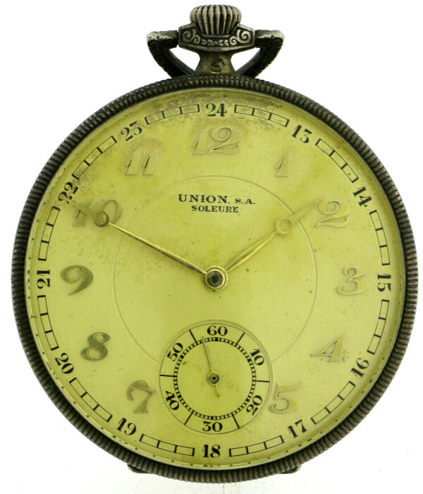 Union S.A. Soleure offene Art Deco Herren Taschenuhr 800er Silber Ø48mm selten